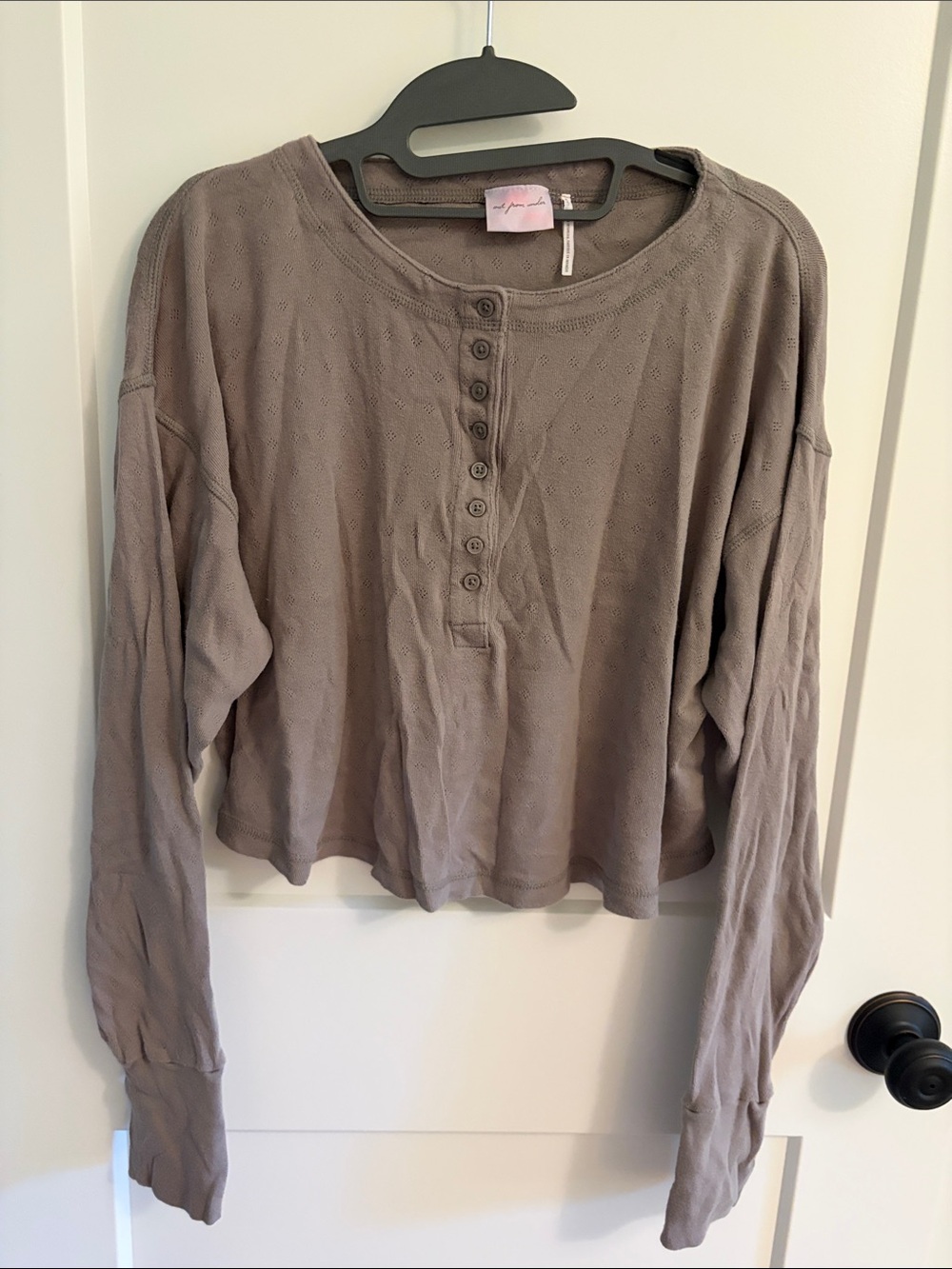 Urban Outfitters Taupe Cropped Henley Long-Sleeve Top